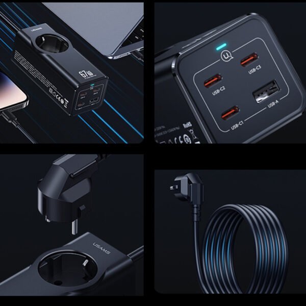 Multiport USB C Hub Adapter Charging Block Desktop Charging Hub PD 67W EU Plug Charger Adapter Connector Black